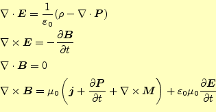 \begin{equation*}\begin{aligned}&\div{\boldsymbol{E}}=\frac{1}{\varepsilon_0}(\r...
...on_0\mu_0\frac{\partial \boldsymbol{E}}{\partial t} \end{aligned}\end{equation*}