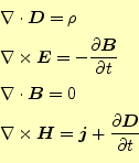 \begin{equation*}\begin{aligned}&\div{\boldsymbol{D}}=\rho\\ &\nabla\times \bold...
...ymbol{j}+\frac{\partial \boldsymbol{D}}{\partial t} \end{aligned}\end{equation*}