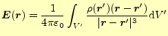 $\displaystyle \boldsymbol{E}(\boldsymbol{r})=\frac{1}{4\pi\varepsilon_0} \int_{...
...}^\prime)}{\vert\boldsymbol{r}-\boldsymbol{r}^\prime\vert^3} \mathrm{d}V^\prime$
