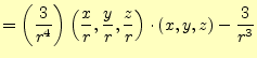 $\displaystyle =\left(\frac{3}{r^4}\right)\left(\frac{x}{r},\frac{y}{r},\frac{z}{r}\right) \cdot(x,y, z)-\frac{3}{r^3}$