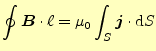 $\displaystyle \oint \boldsymbol{B}\cdot\ell=\mu_0\int_S\boldsymbol{j}\cdot\mathrm{d}S$