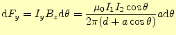 $\displaystyle \mathrm{d}F_y =I_yB_z\mathrm{d}\theta =\frac{\mu_0 I_1I_2\cos\theta}{2\pi(d+a\cos\theta)}a\mathrm{d}\theta$