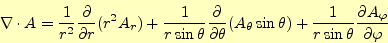 \begin{align*}\begin{aligned}\div{A} &=\frac{1}{r^2}\frac{\partial}{\partial r}(...
...\sin\theta}\frac{\partial A_\varphi}{\partial \varphi} \end{aligned}\end{align*}